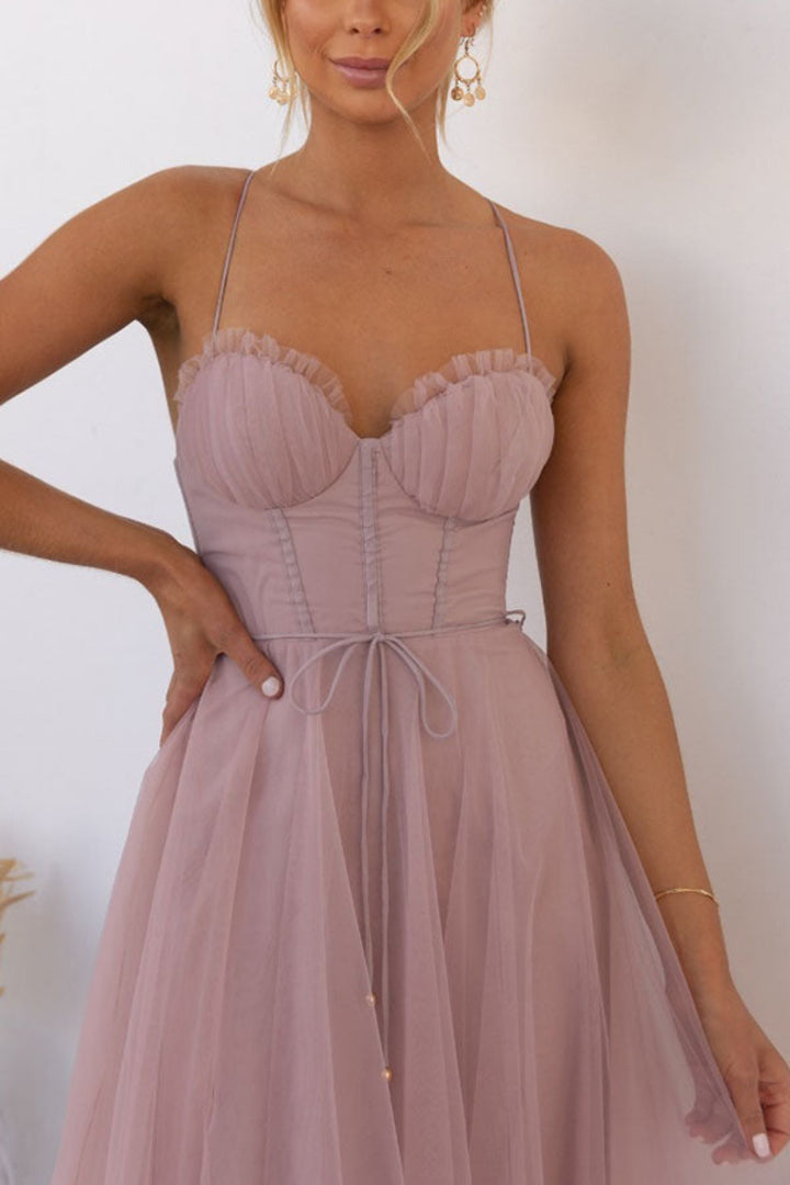 Women’s Lace Up Corset Tulle Dress Midi
