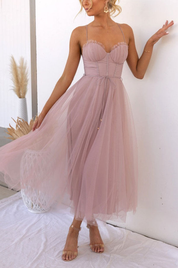 Women’s Lace Up Corset Tulle Dress Midi