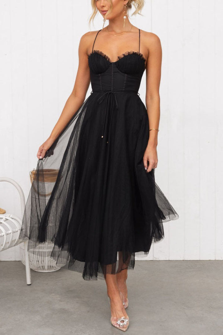 Women’s Lace Up Corset Tulle Dress Midi