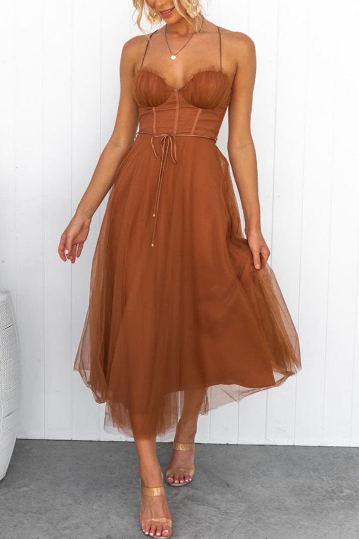 Women’s Lace Up Corset Tulle Dress Midi