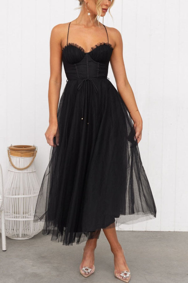 Women’s Lace Up Corset Tulle Dress Midi