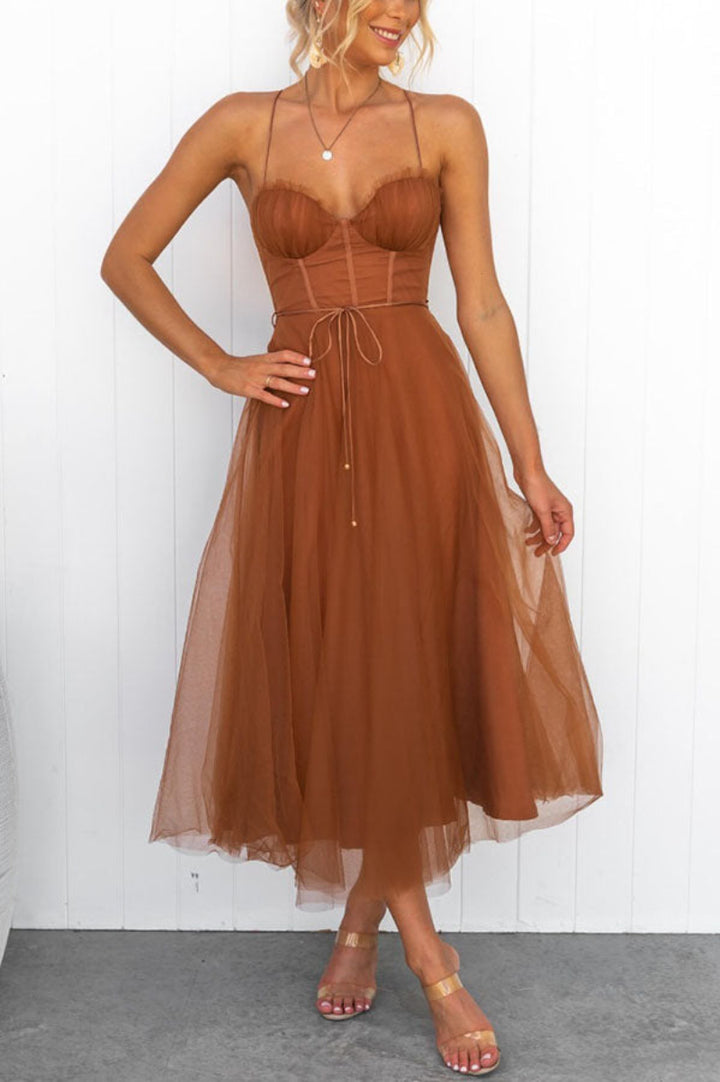 Women’s Lace Up Corset Tulle Dress Midi