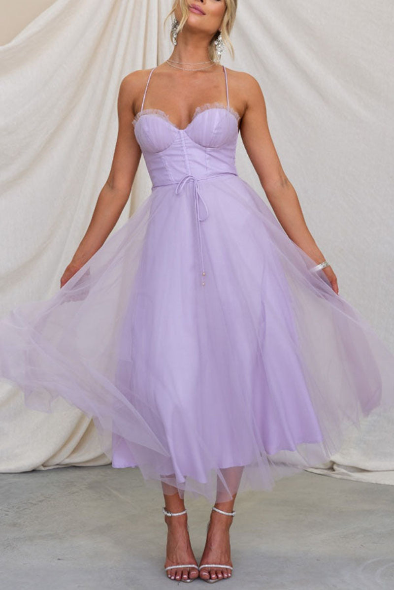 Women’s Lace Up Corset Tulle Dress Midi