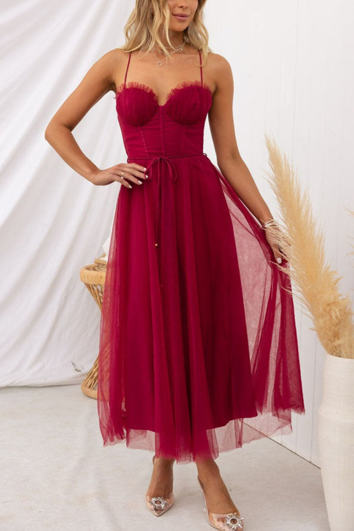 Women’s Lace Up Corset Tulle Dress Midi