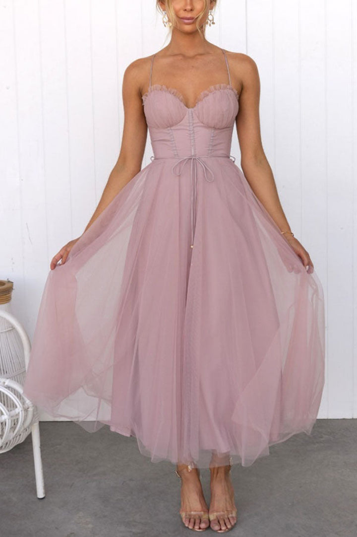 Women’s Lace Up Corset Tulle Dress Midi