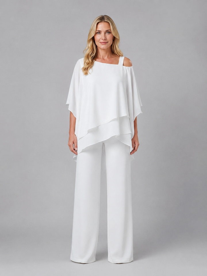 Co Ord Set Womens Layered Chiffon Top Wide Leg Trousers