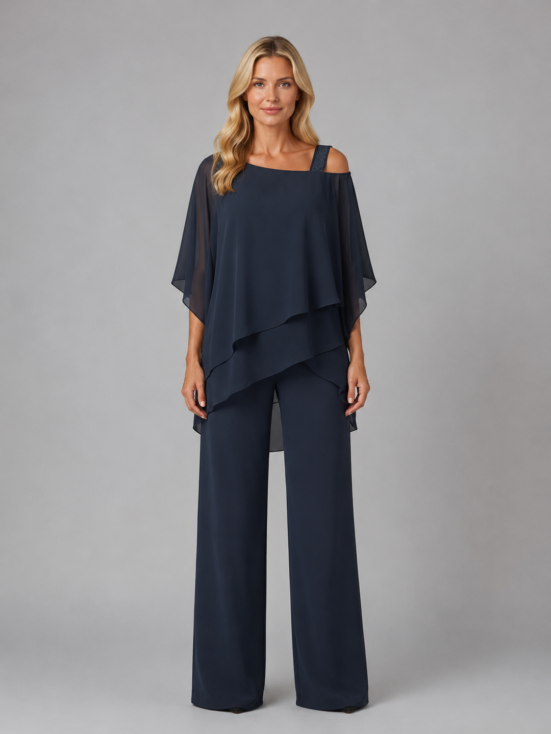 Co Ord Set Womens Layered Chiffon Top Wide Leg Trousers