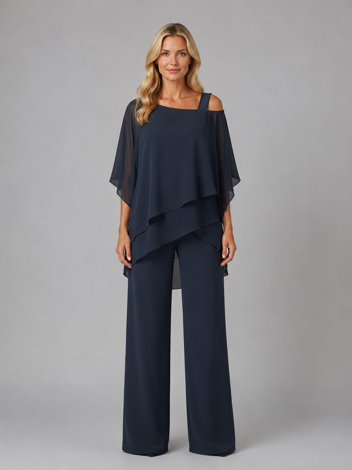 Co Ord Set Womens Layered Chiffon Top Wide Leg Trousers