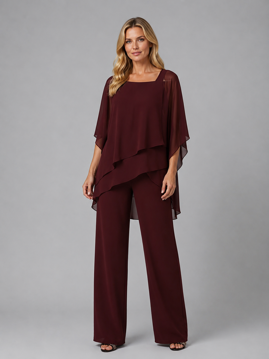 Co Ord Set Womens Layered Chiffon Top Wide Leg Trousers
