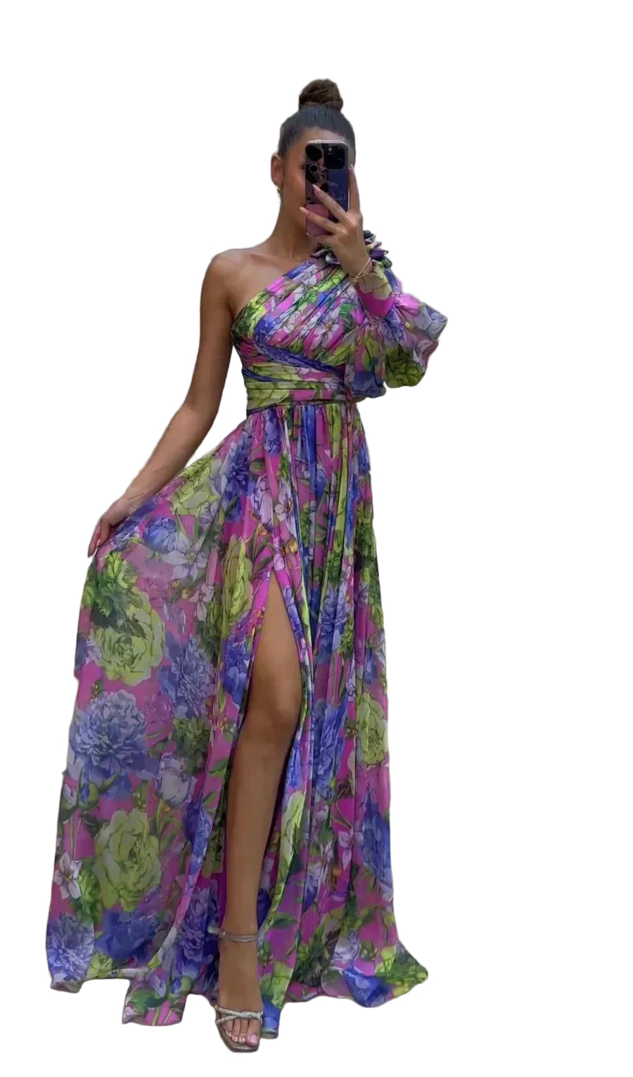 Women’s One Shoulder Dress in Multicolor Floral Print Maxi