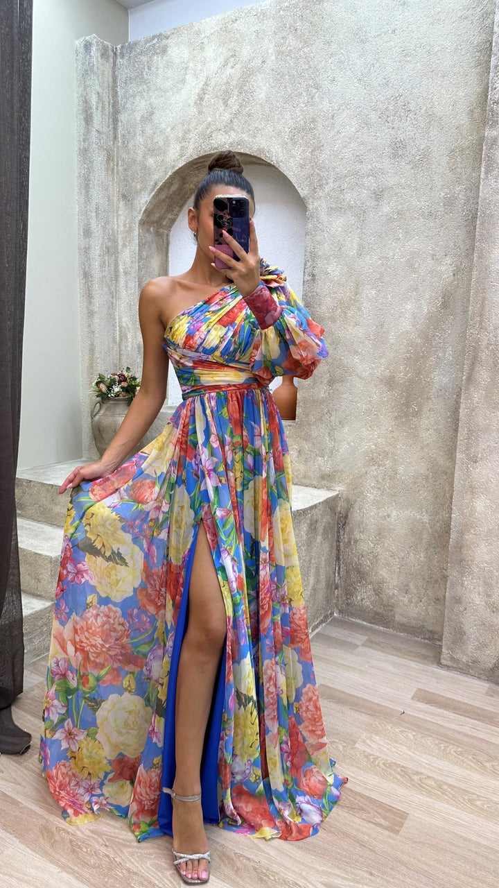 Women’s One Shoulder Dress in Multicolor Floral Print Maxi