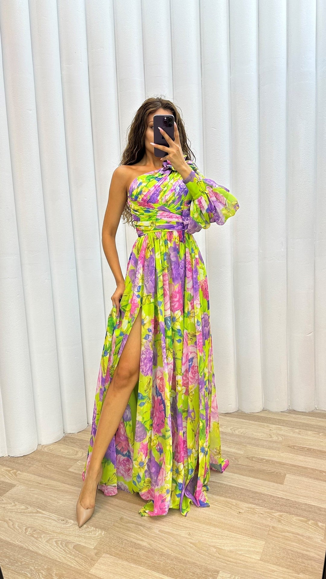 Women’s One Shoulder Dress in Multicolor Floral Print Maxi