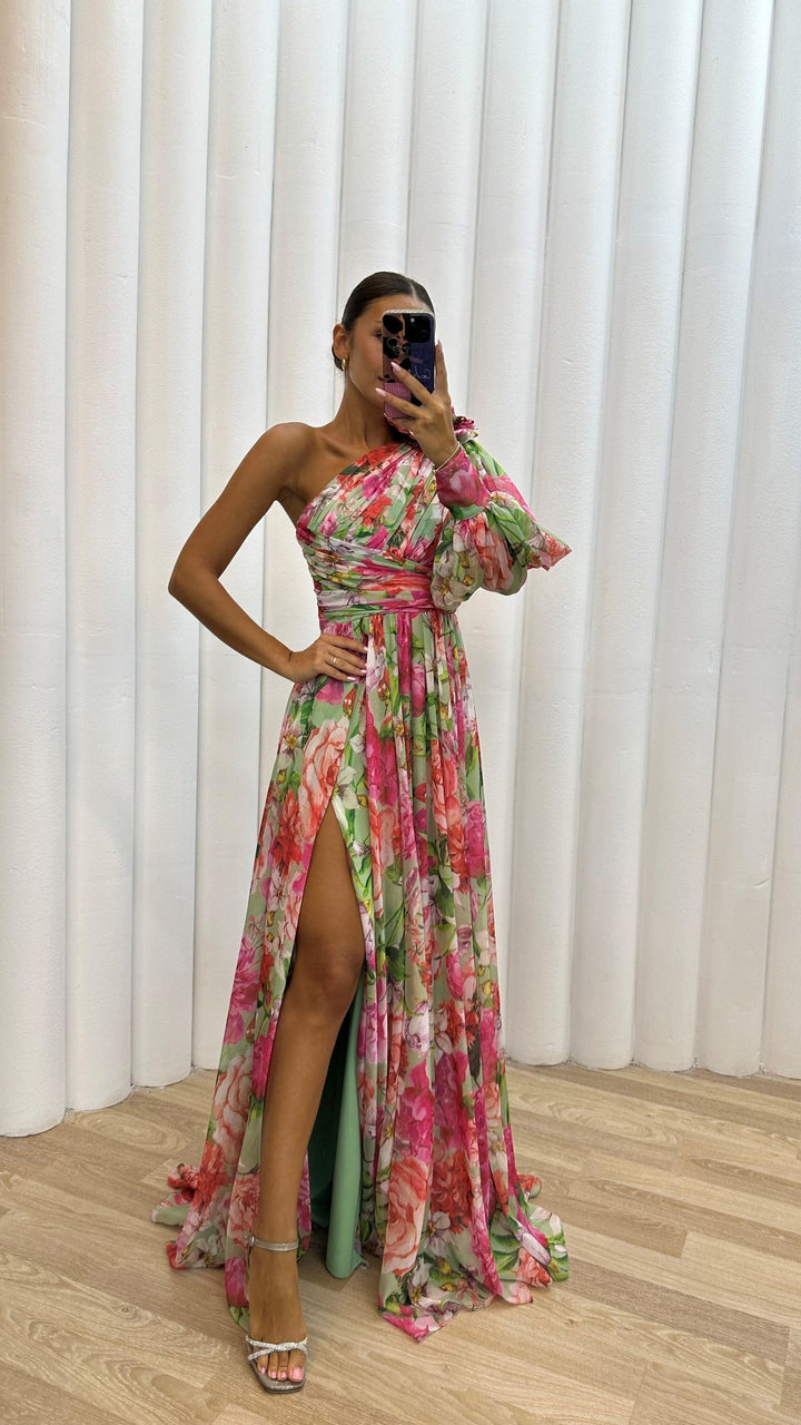 Women’s One Shoulder Dress in Multicolor Floral Print Maxi