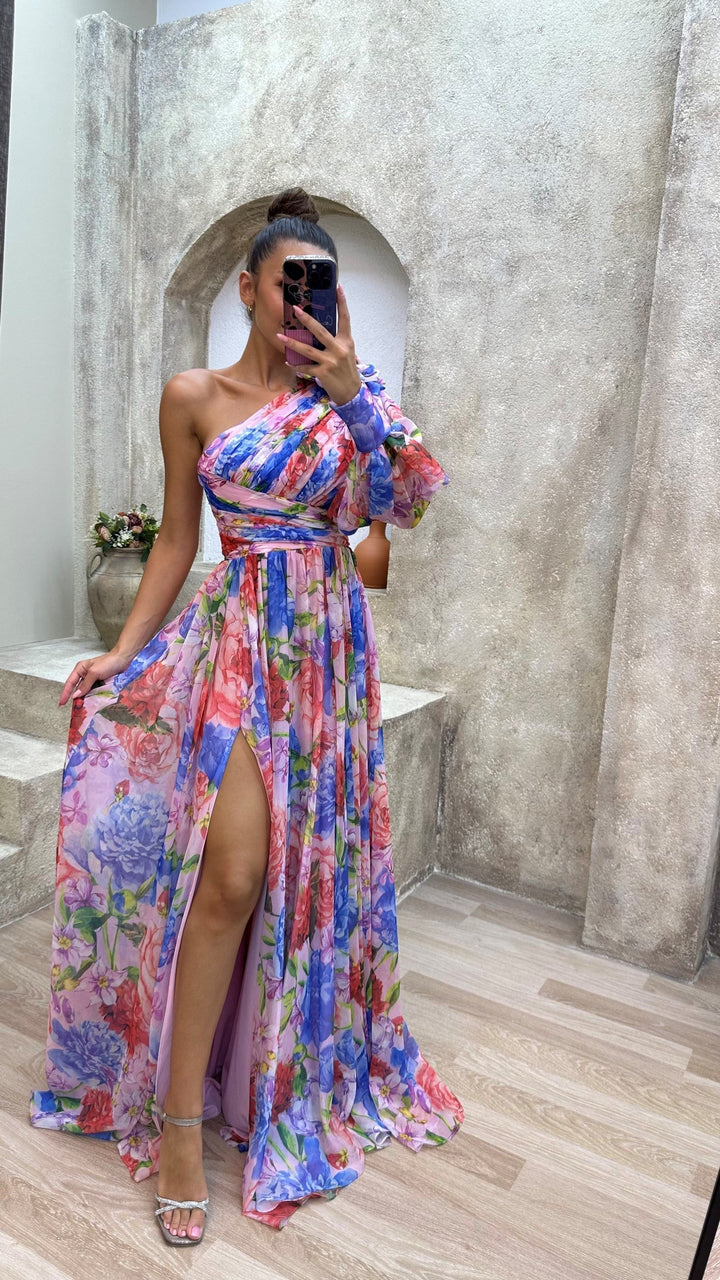 Women’s One Shoulder Dress in Multicolor Floral Print Maxi