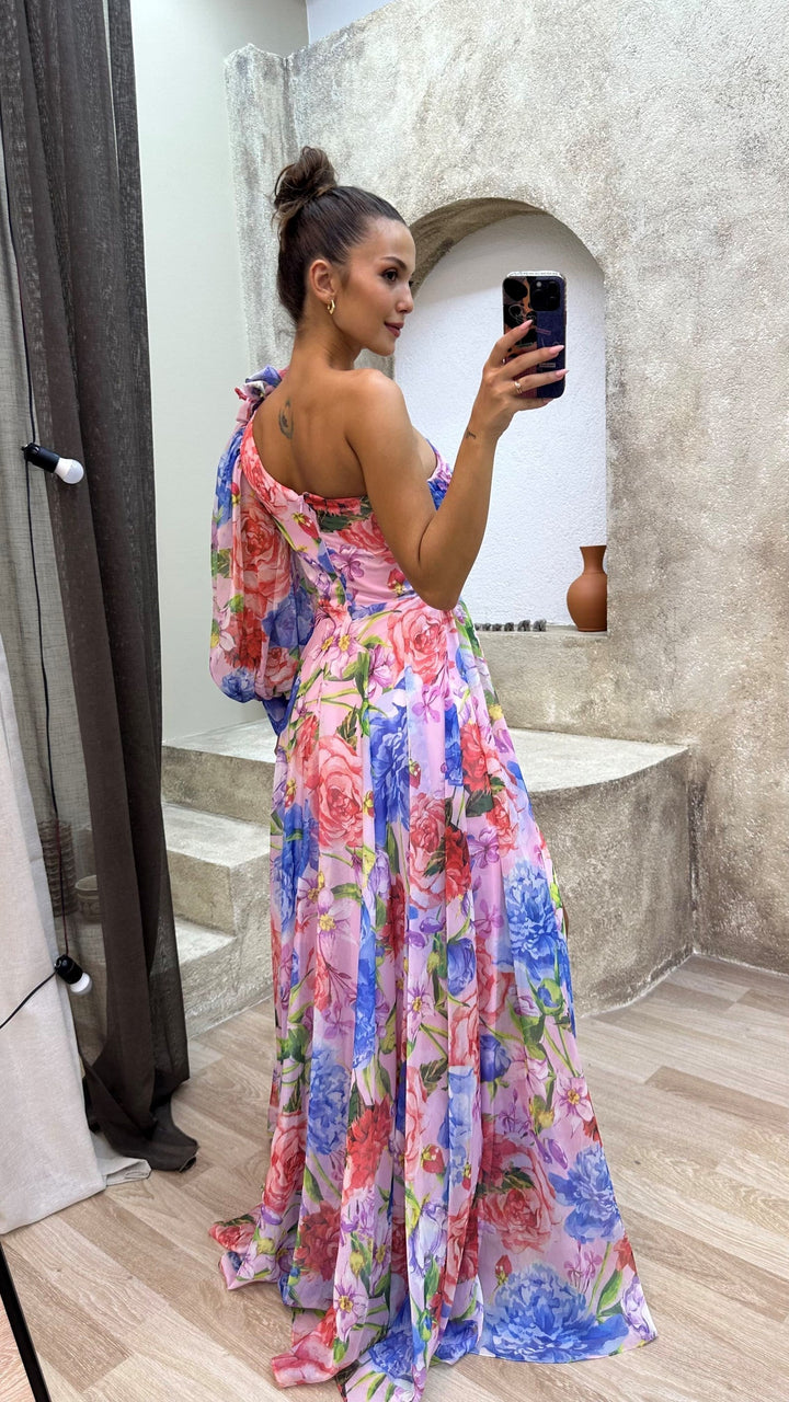 Women’s One Shoulder Dress in Multicolor Floral Print Maxi