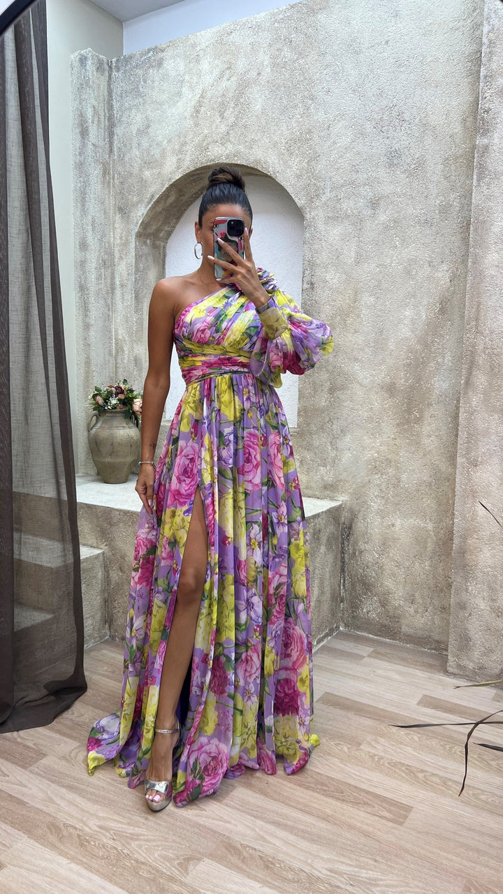 Women’s One Shoulder Dress in Multicolor Floral Print Maxi