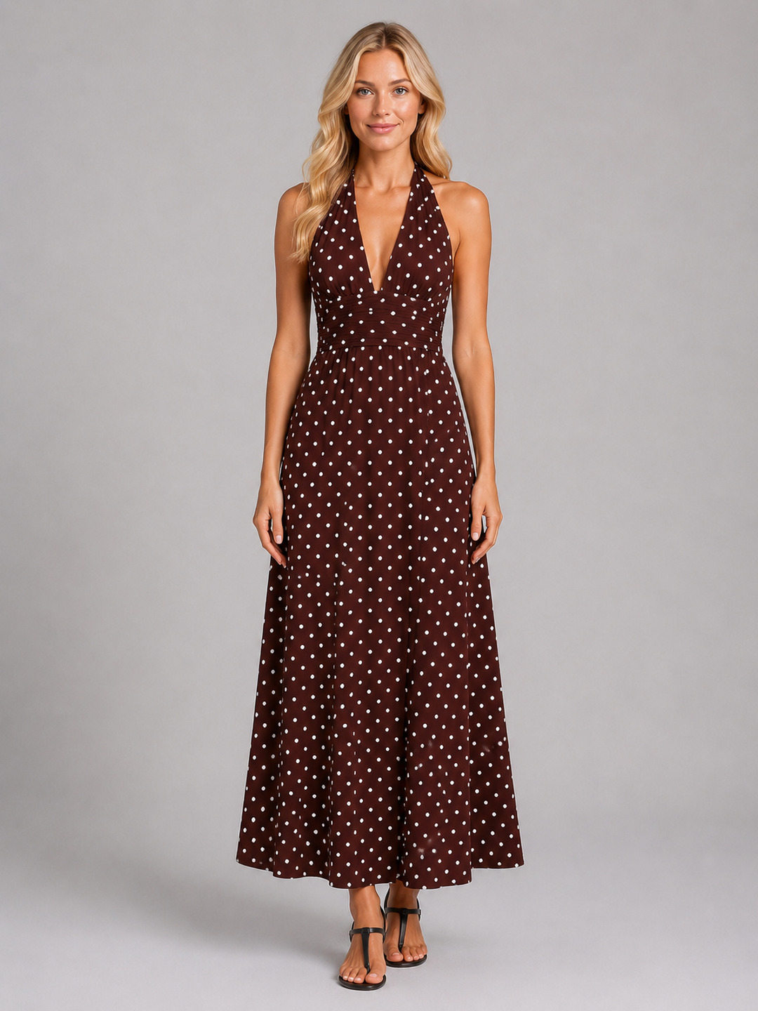 Maxi Dress Womens Polka Dot Halter Neck Fitted Bodice