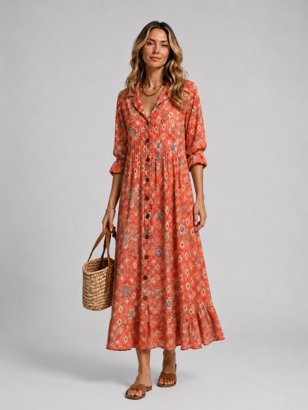 Shirt Dress Womens Printed Maxi Button Front Collar Three Quarter Sleeve Relaxed Fit — image 6