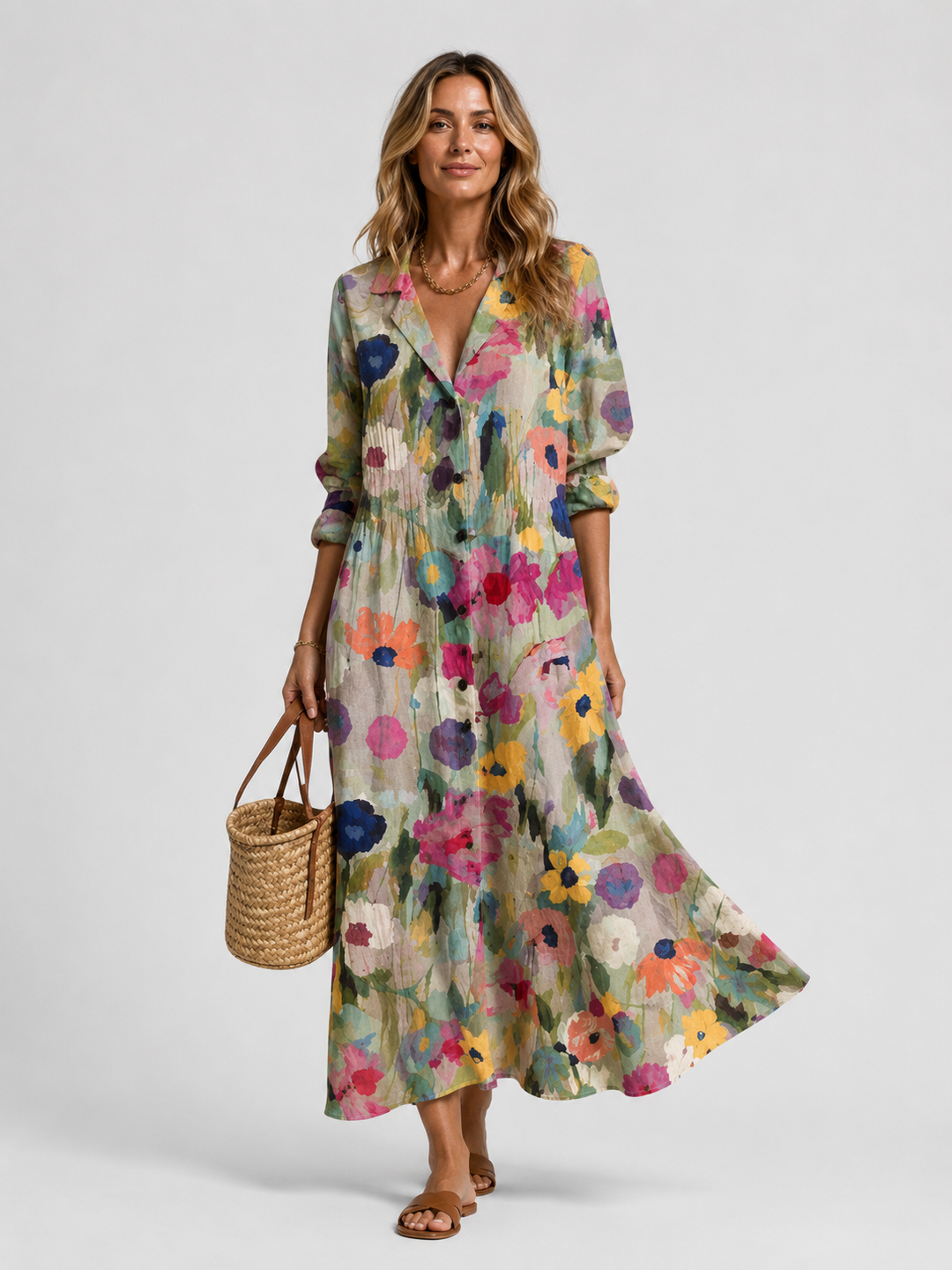 Shirt Dress Womens Printed Maxi Button Front Collar Three Quarter Sleeve Relaxed Fit — image 4