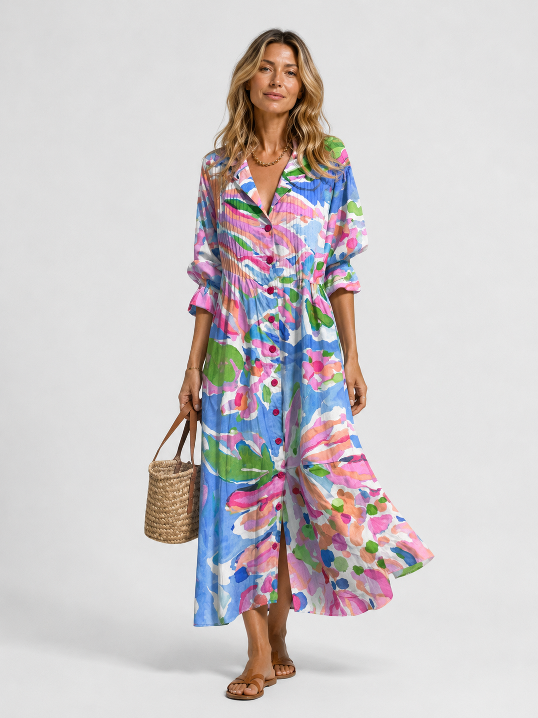 Shirt Dress Womens Printed Maxi Button Front Collar Three Quarter Sleeve Relaxed Fit — image 5