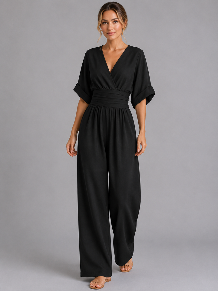 Jumpsuit Womens Wide Leg Deep V Neck Cinched Waist Relaxed
