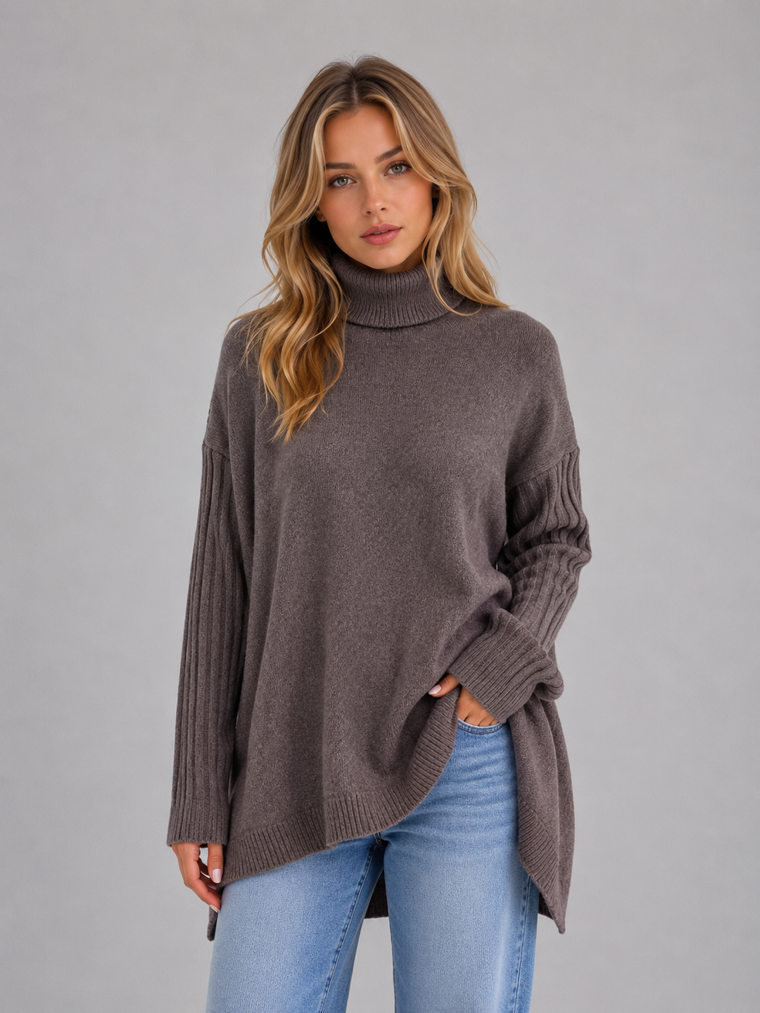 Longline Jumper Womens Funnel Neck Side Split Brushed Knit Long Sleeve - image 5