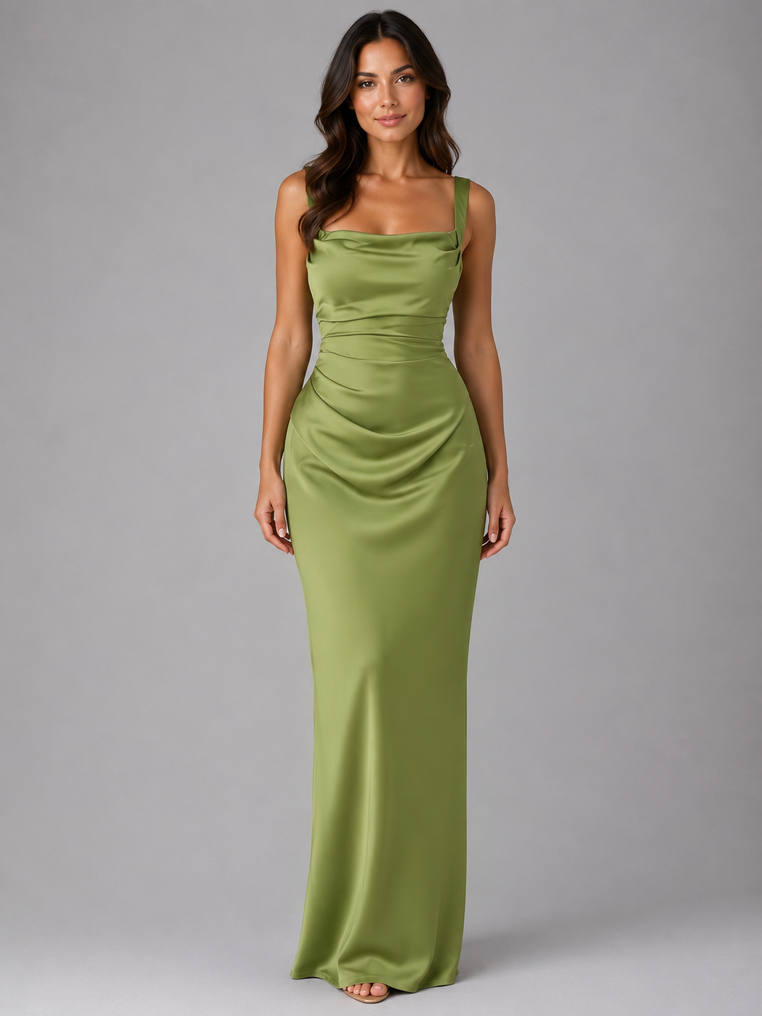 Maxi Dress Womens Satin Feel Ruched Waist Square Neck Strappy