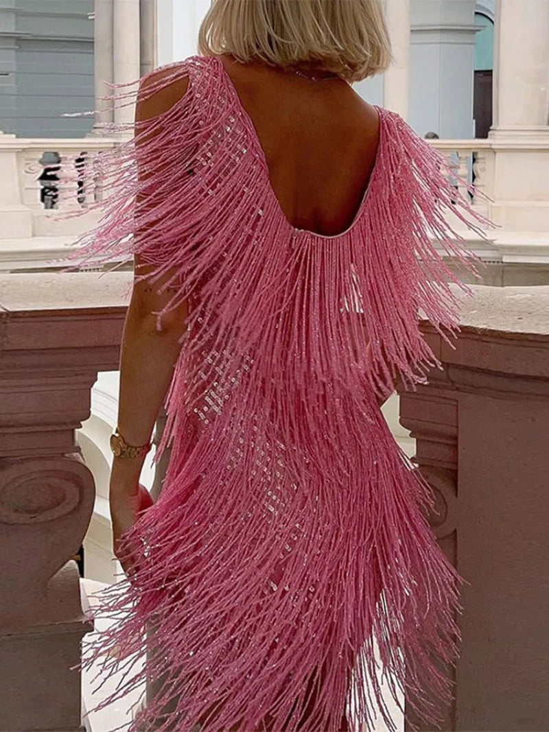Women’s Sleeveless with V Neck Fringe Dress Mini