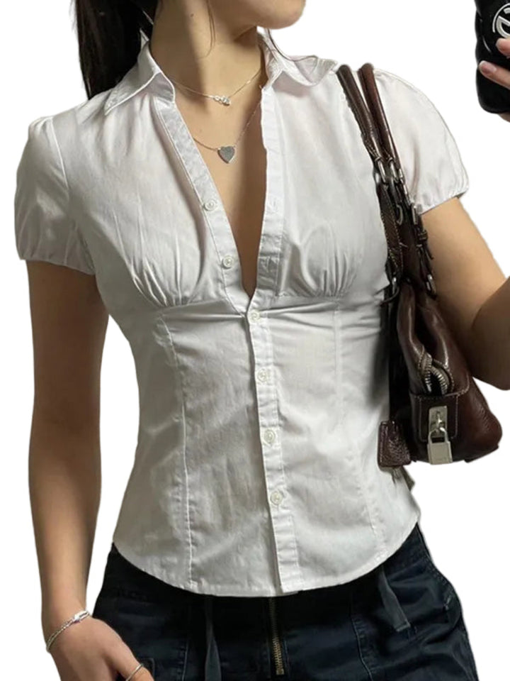 Women’s Slim Fit Button Down Shirt Deep V Neck Short Sleeve