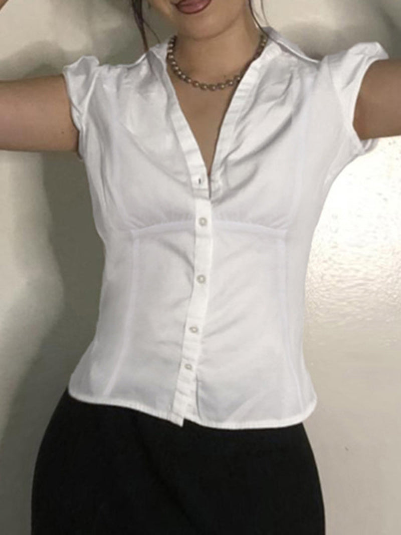 Women’s Slim Fit Button Down Shirt Deep V Neck Short Sleeve