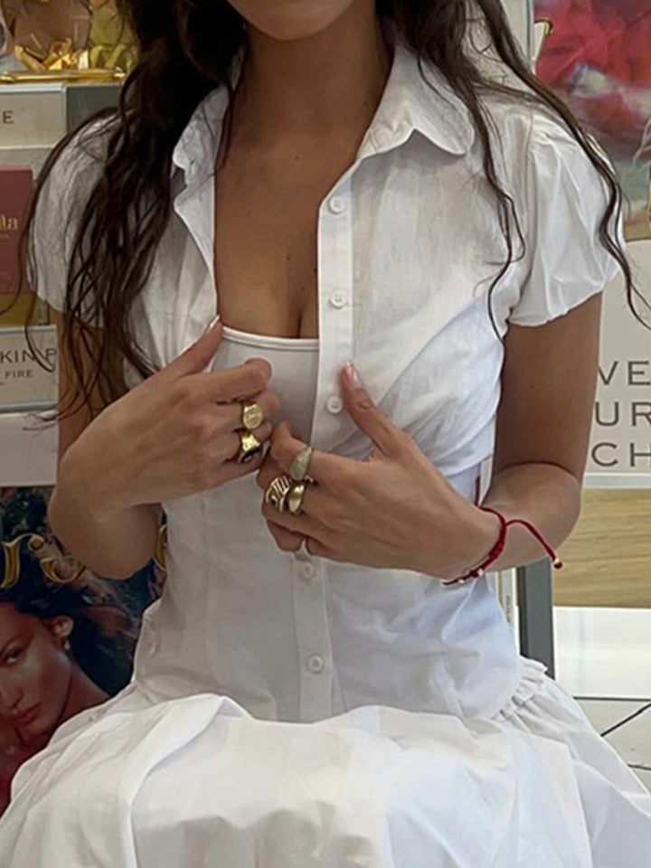 Women’s Slim Fit Button Down Shirt Deep V Neck Short Sleeve