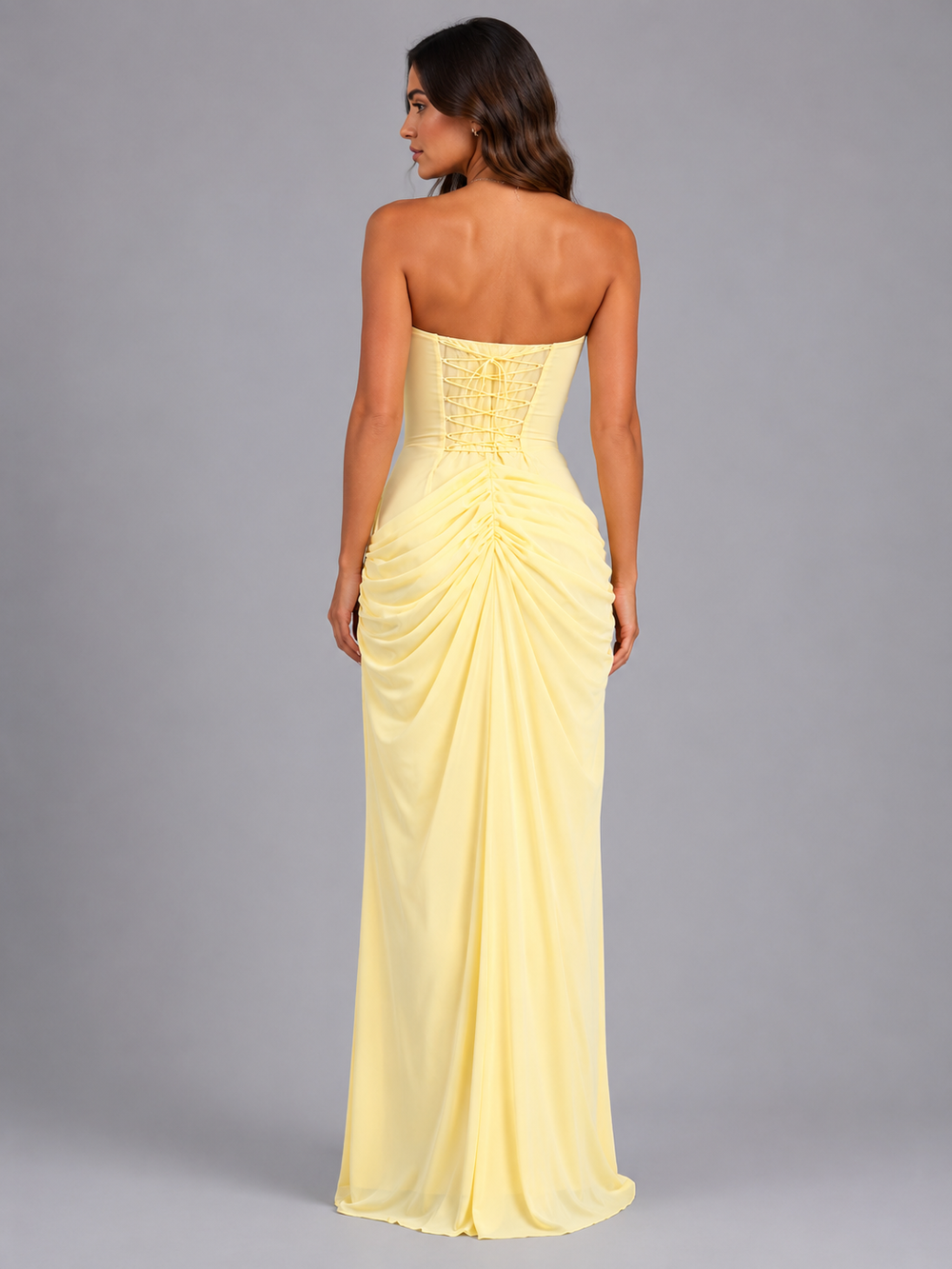 Maxi Dress Womens Strapless Bandeau Ruched Waist Draped Wedding Guest