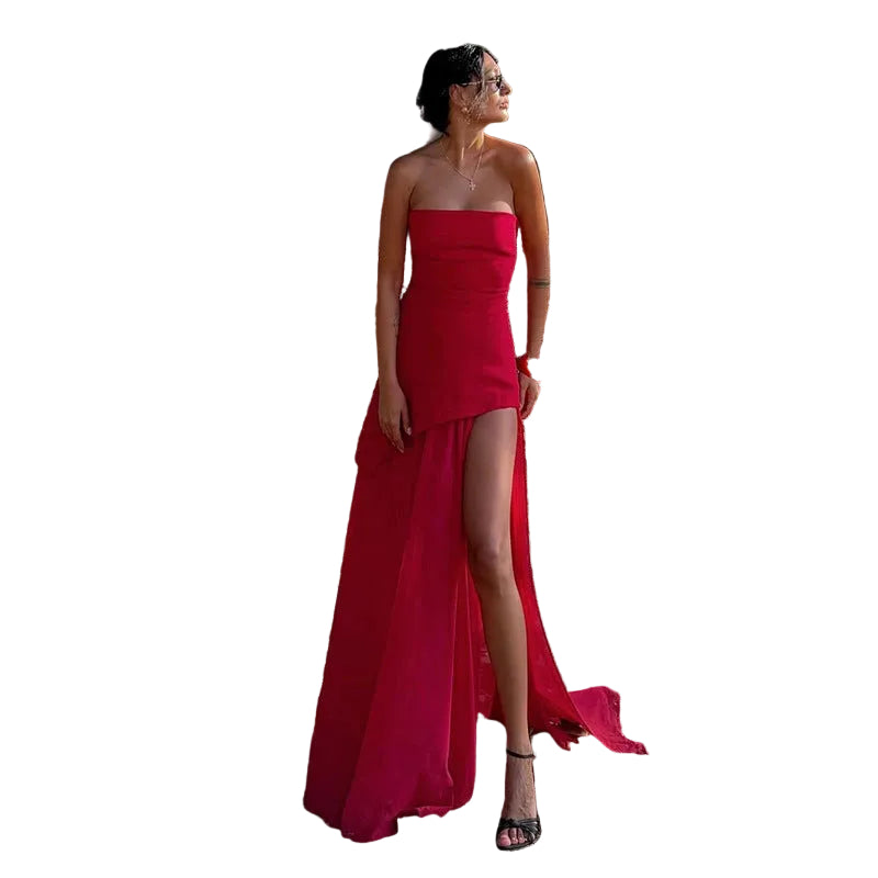 Women’s Strapless Maxi Dress with Asymmetric Hem and Thigh High Slit