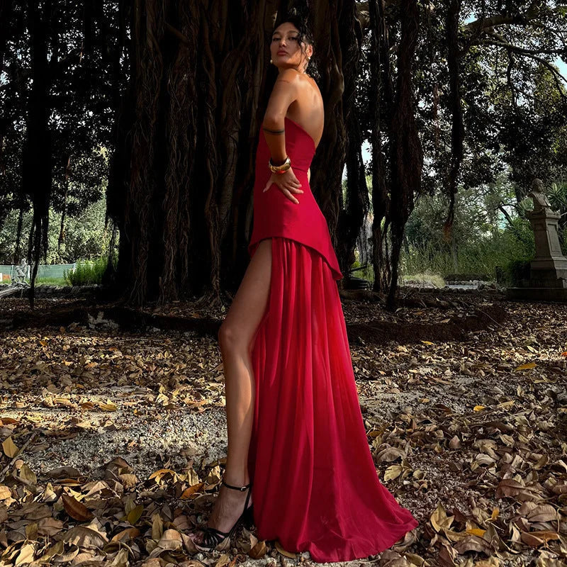 Women’s Strapless Maxi Dress with Asymmetric Hem and Thigh High Slit