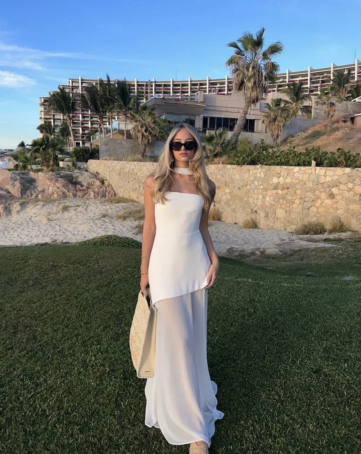 Women’s Strapless Maxi Dress with Asymmetric Hem and Thigh High Slit