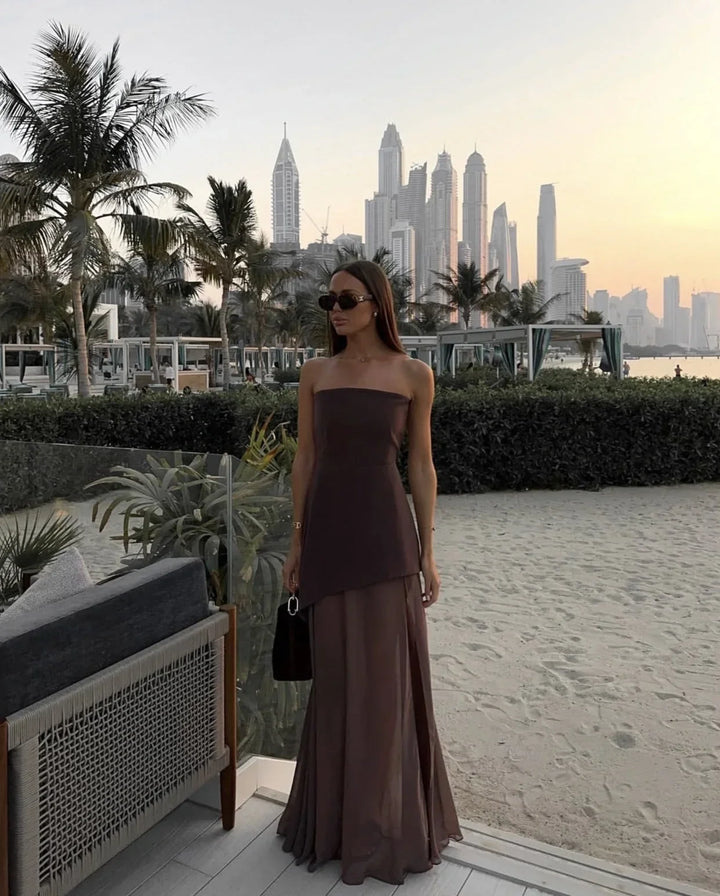 Women’s Strapless Maxi Dress with Asymmetric Hem and Thigh High Slit