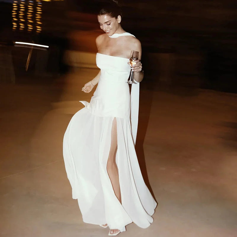 Women’s Strapless Maxi Dress with Asymmetric Hem and Thigh High Slit