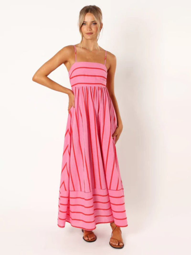 Women’s Striped A Line Dress with Spaghetti Straps Maxi