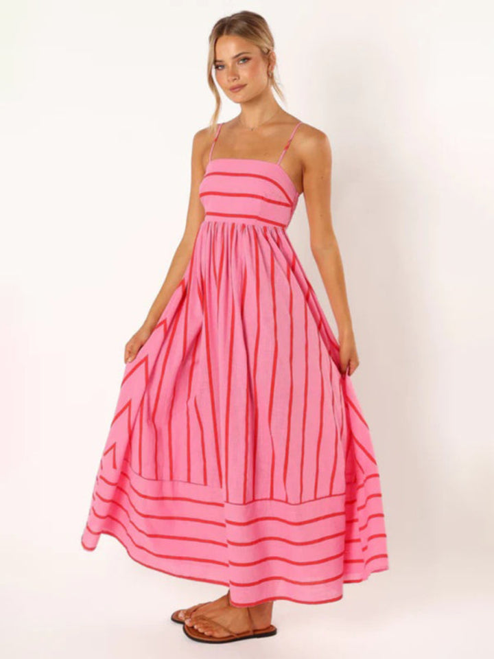 Women’s Striped A Line Dress with Spaghetti Straps Maxi