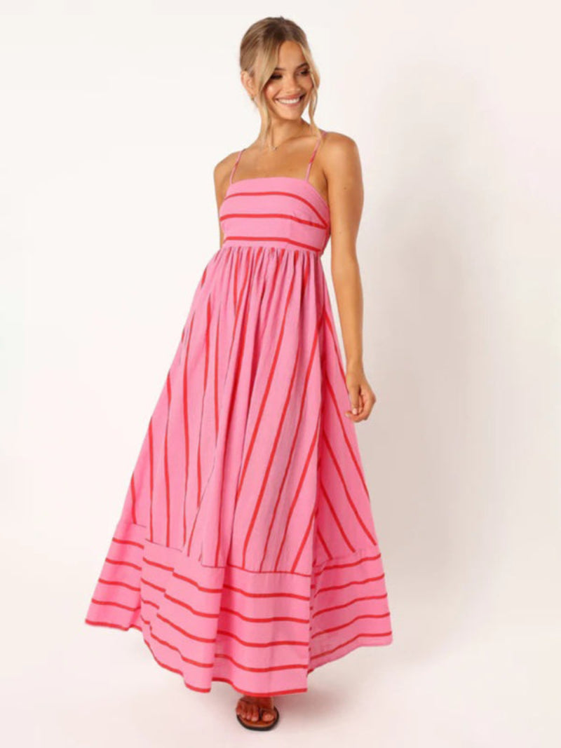 Women’s Striped A Line Dress with Spaghetti Straps Maxi