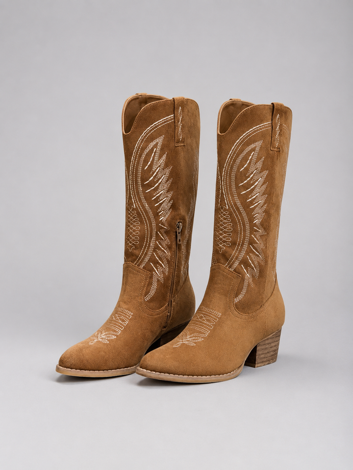 Cowboy Boots Womens Suede Western Block Heel Stitched