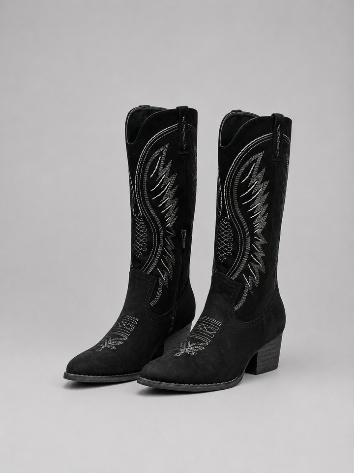 Cowboy Boots Womens Suede Western Block Heel Stitched