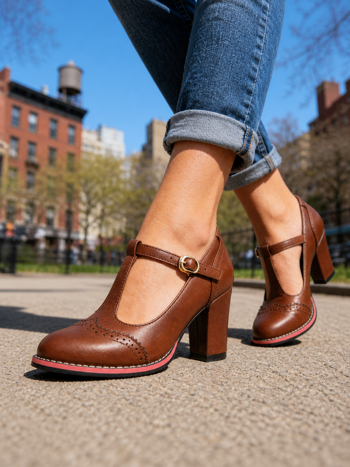 Brogue Shoes Womens T Bar Block Heel Perforated Leather Look