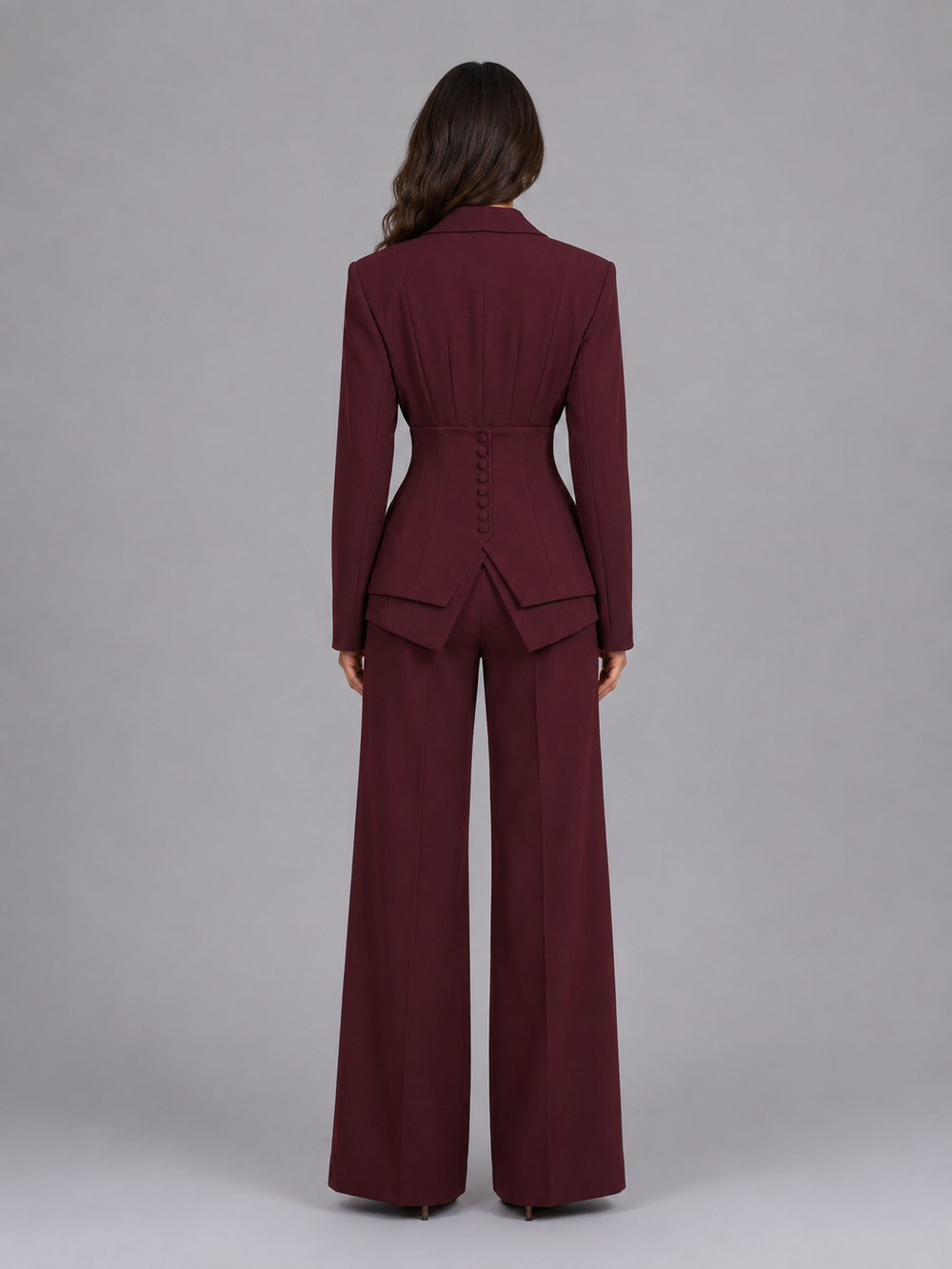 Three Piece Suit Womens Fitted Blazer Cinched Waist Wide Leg
