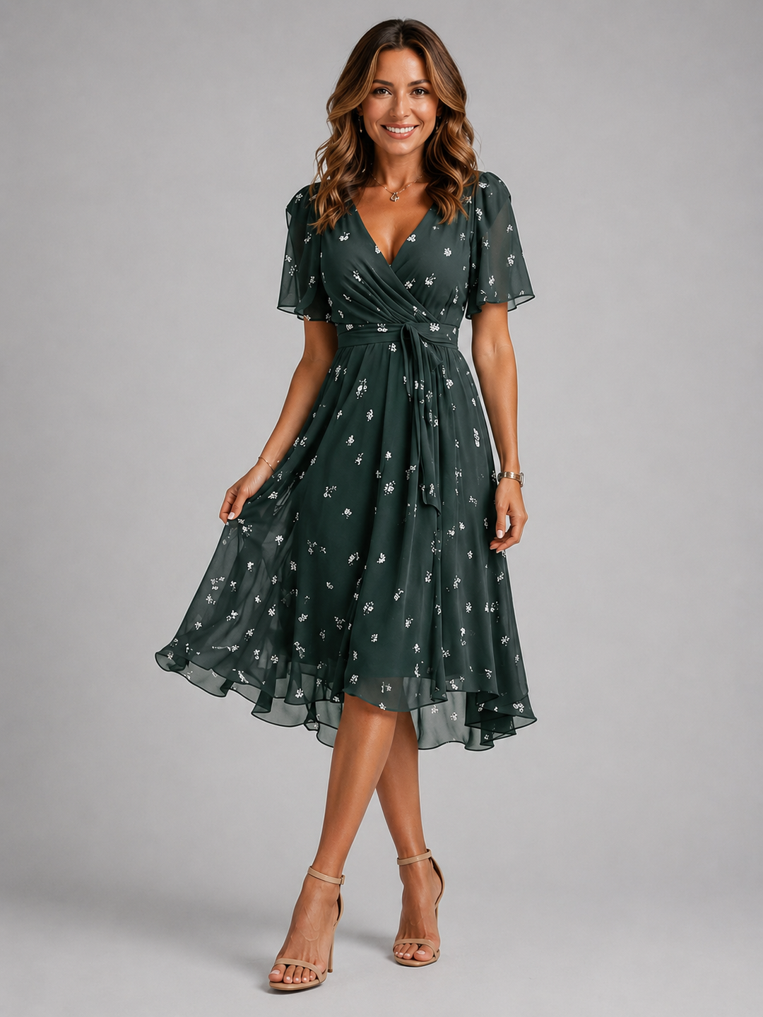 Midi Dress Womens All Over Print V Neck Flutter Sleeve Dipped Hem Defined Waist — image 7
