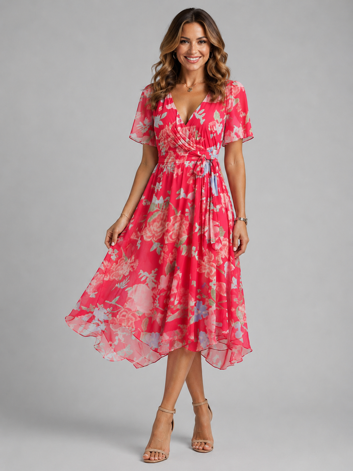 Midi Dress Womens All Over Print V Neck Flutter Sleeve Dipped Hem Defined Waist — image 6
