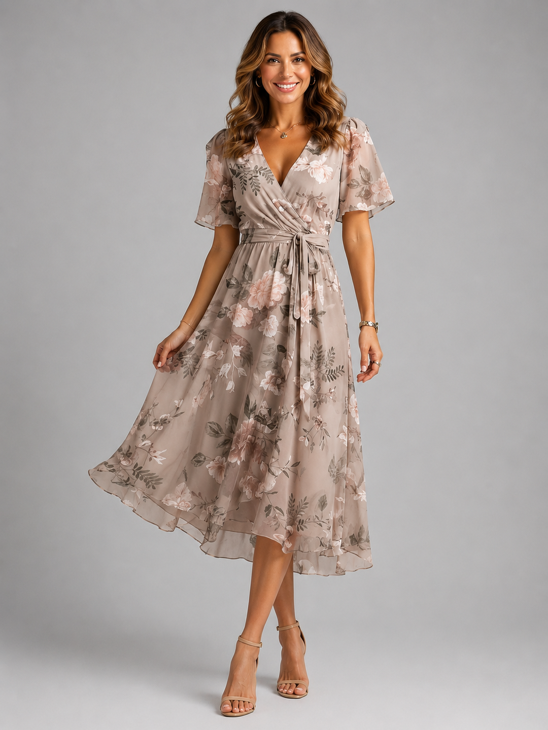 Midi Dress Womens All Over Print V Neck Flutter Sleeve Dipped Hem Defined Waist — image 5
