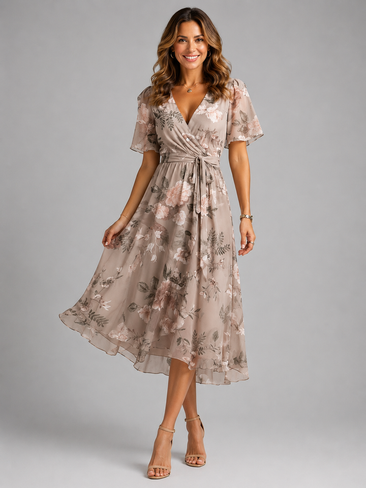 Midi Dress Womens All Over Print V Neck Flutter Sleeve Dipped Hem Defined Waist — image 5