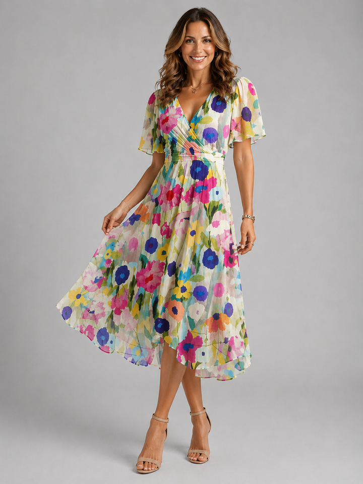 Midi Dress Womens All Over Print V Neck Flutter Sleeve Dipped Hem Defined Waist — image 4