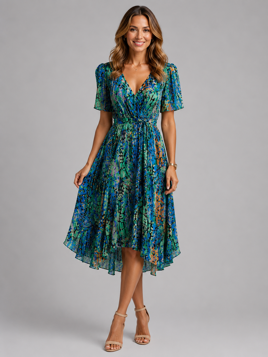 Midi Dress Womens All Over Print V Neck Flutter Sleeve Dipped Hem Defined Waist — image 1